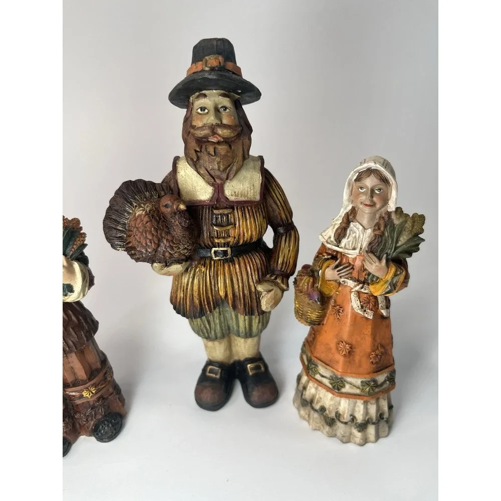 Vintage Pilgrim Figurines Set of 3 Thanksgiving Fall Decor Resin & Pumpkin